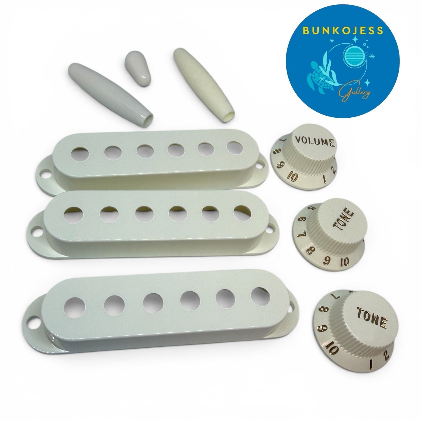 Genuine Fender 52mm Strat Pickup Covers & USA Parchment Knobs & Guitar Tips
