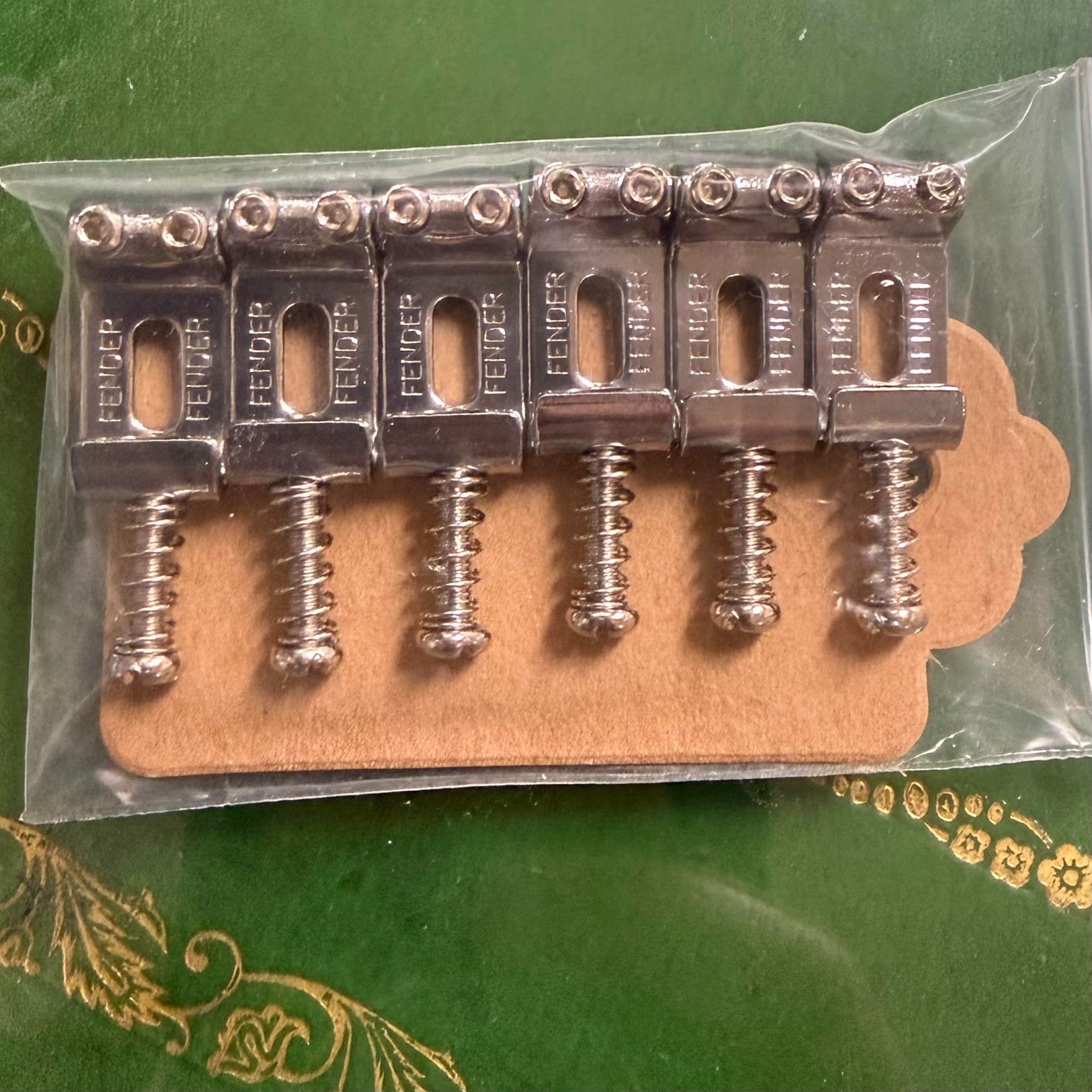 6 Fender Logo Stamped Chrome Strat Tremolo Bridge Narrow Saddles