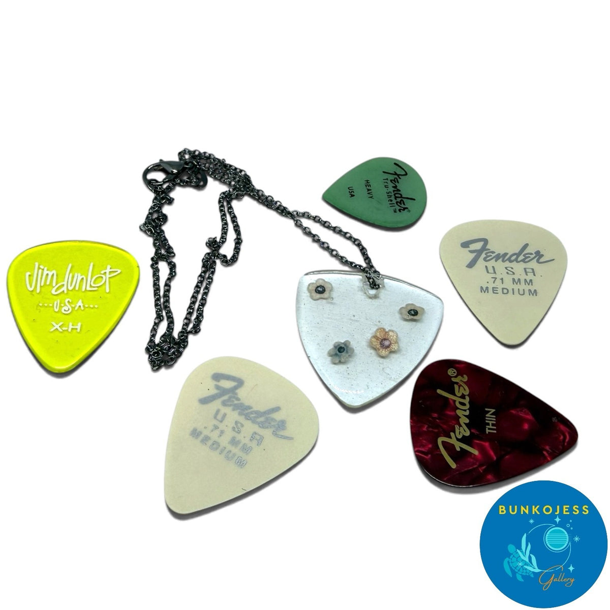 Uniquely Yourz Epoxy Pour Necklace Pick w/ Flowers & Fender Guitar Pick Lot