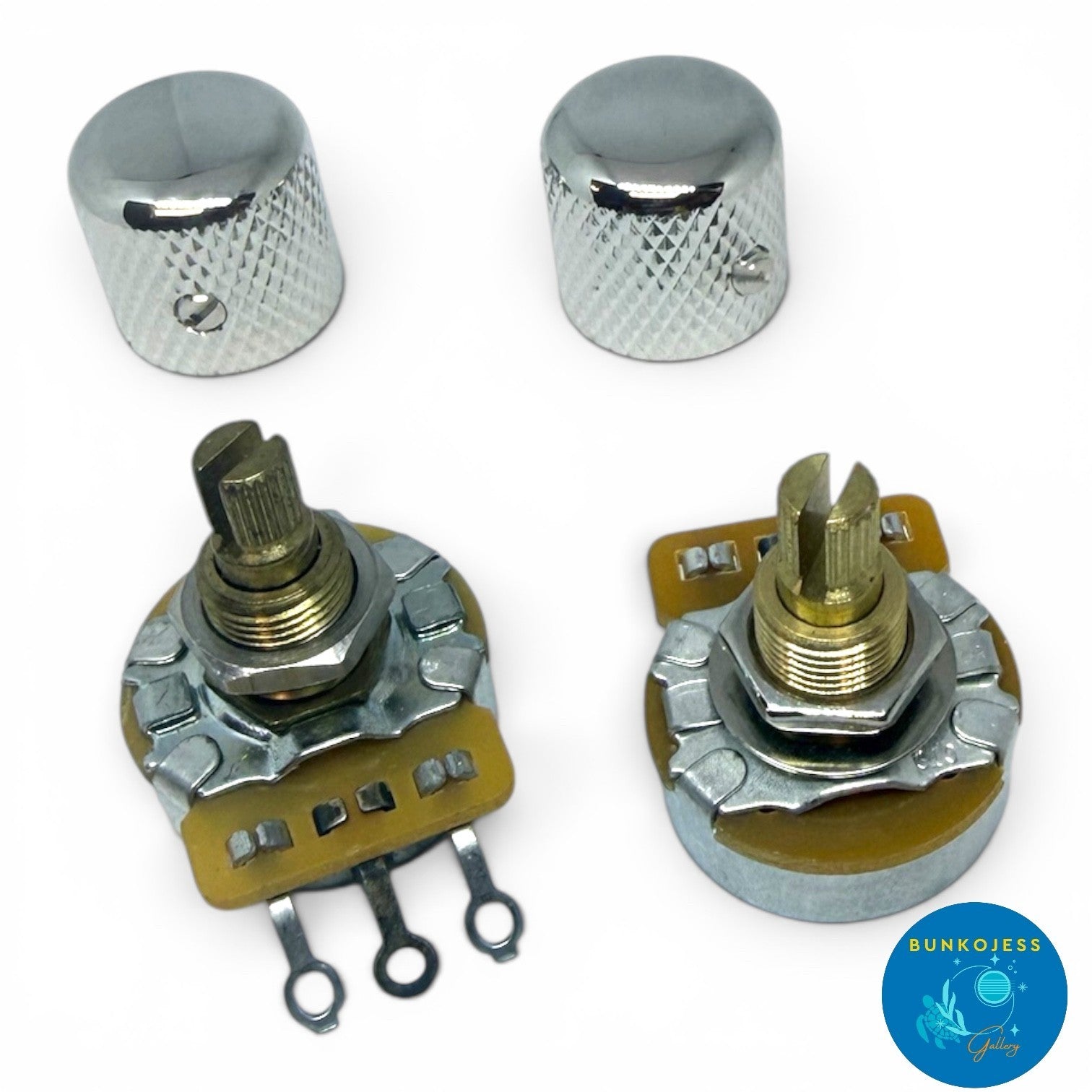 Set of CTS 250K Guitar Potentiometers Split Shaft Full Sized w/ Nickel Knobs
