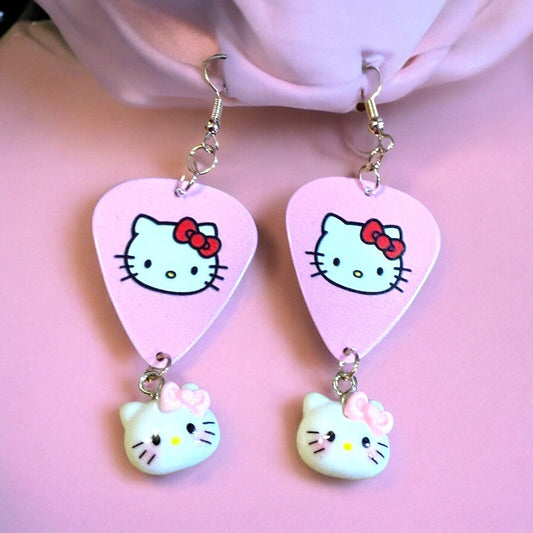 Pink Fender Guitar Pick Earrings With Hello Kitty MEOW