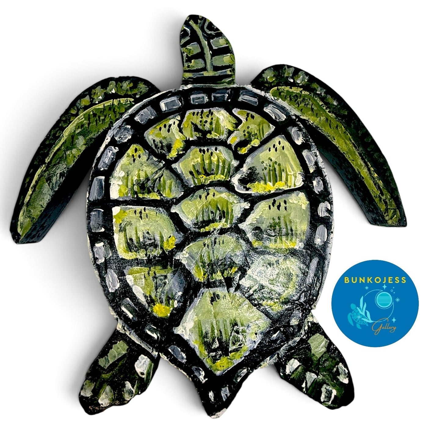 BunkoJess Original Art Mini Wood Sea Turtle Painting Buckeye Lake Artist "Green"