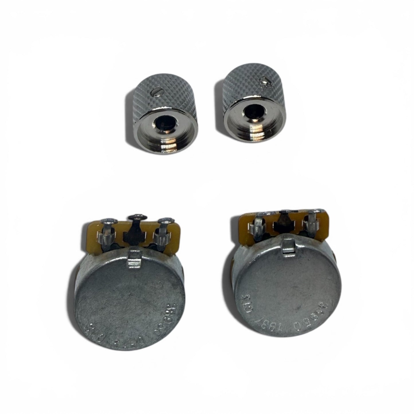 Set of CTS 250K Guitar Potentiometers Split Shaft Full Sized w/ Nickel Knobs