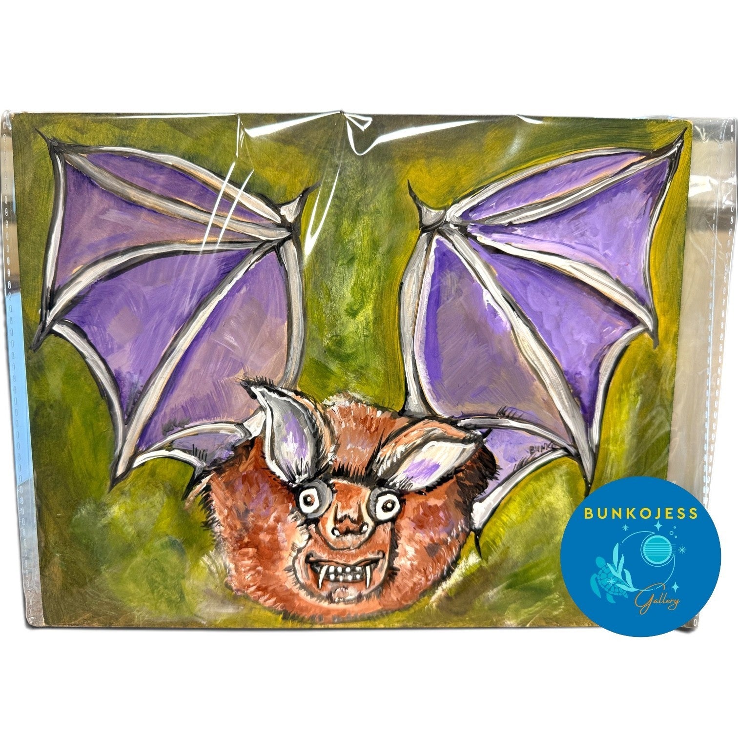 BunkoJess "B.S. Cray" Acrylic Original Bat Painting Hardboard w/ Sticker & Post